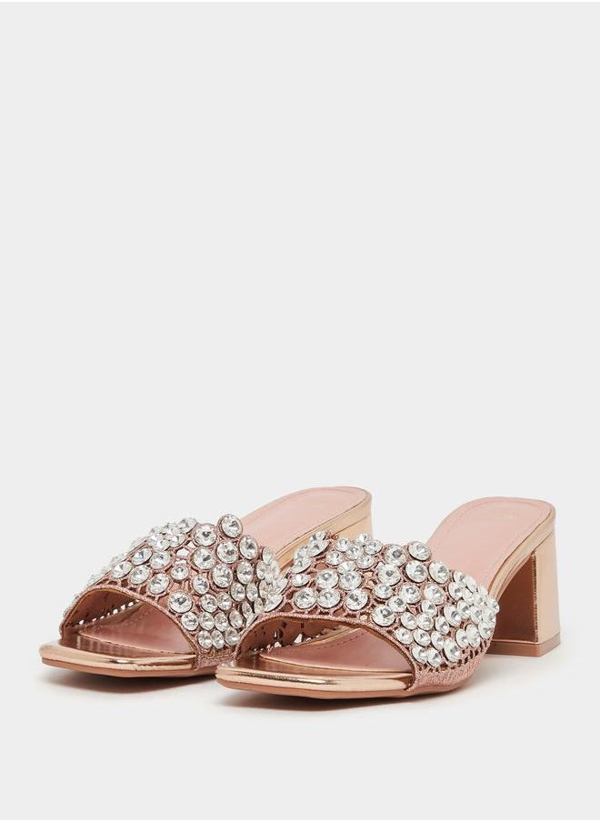 Embellished Wide Strap Block Heel Sandals