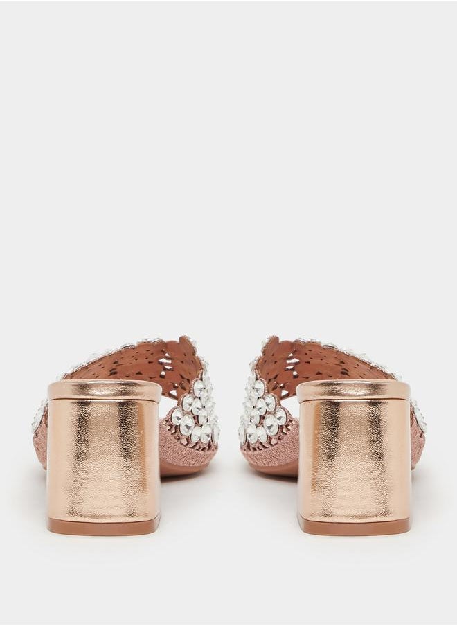 Embellished Wide Strap Block Heel Sandals