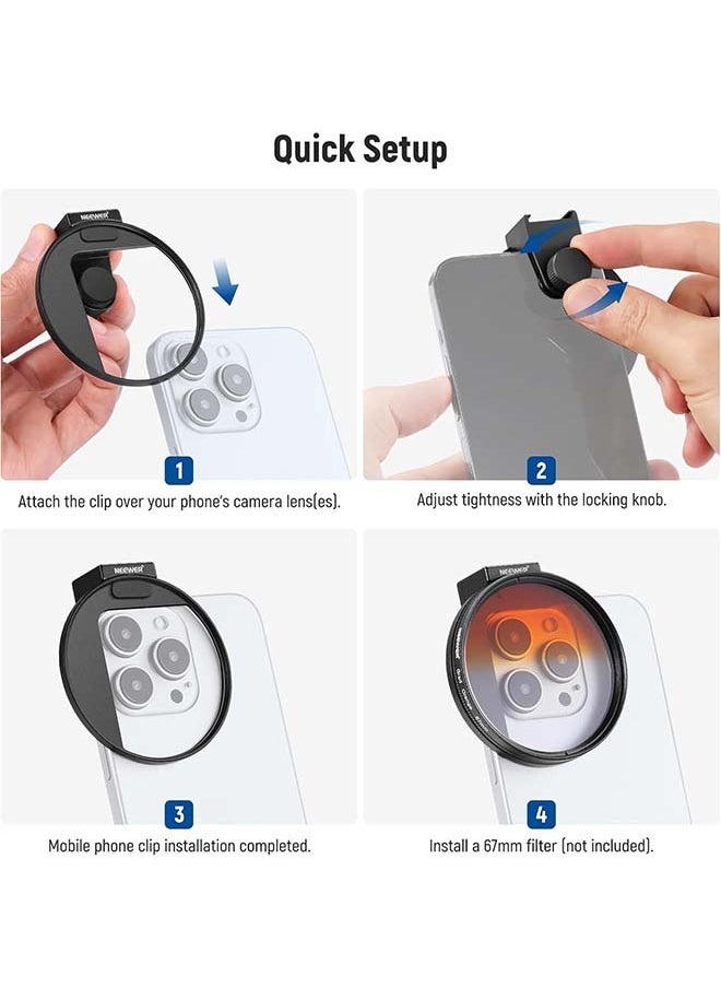 NEEWER Upgraded 67mm Phone Filter Mount Threaded Lens Filter Clip w/Cold Shoe Mount, Locking Knob, 13mm Opening Compatible with iPhone 16 15 Pro Max Plus 14 13 Samsung Galaxy S22 S23 S24 Ultra, LA006