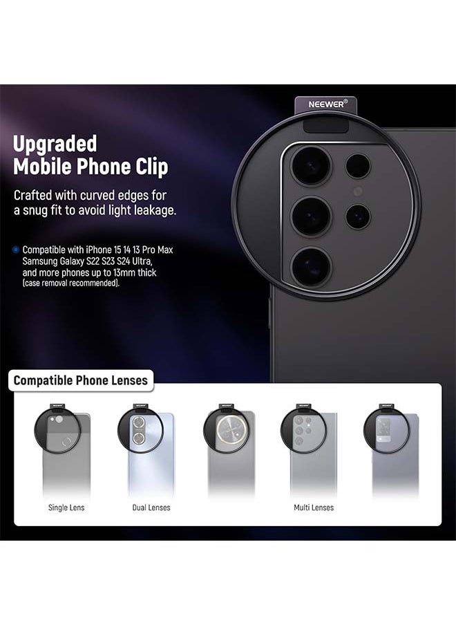 NEEWER Upgraded 67mm Phone Filter Mount Threaded Lens Filter Clip w/Cold Shoe Mount, Locking Knob, 13mm Opening Compatible with iPhone 16 15 Pro Max Plus 14 13 Samsung Galaxy S22 S23 S24 Ultra, LA006