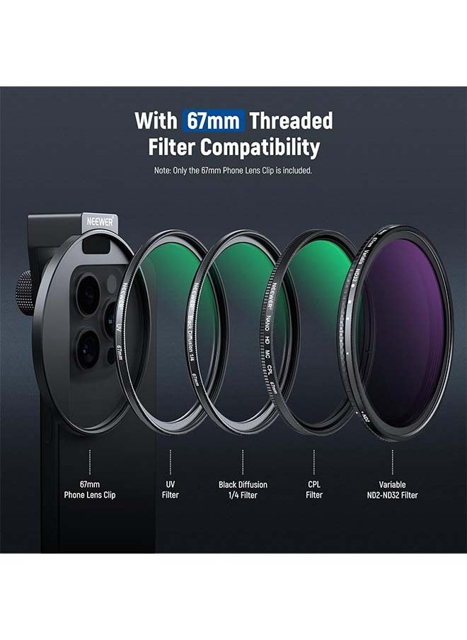 NEEWER Upgraded 67mm Phone Filter Mount Threaded Lens Filter Clip w/Cold Shoe Mount, Locking Knob, 13mm Opening Compatible with iPhone 16 15 Pro Max Plus 14 13 Samsung Galaxy S22 S23 S24 Ultra, LA006