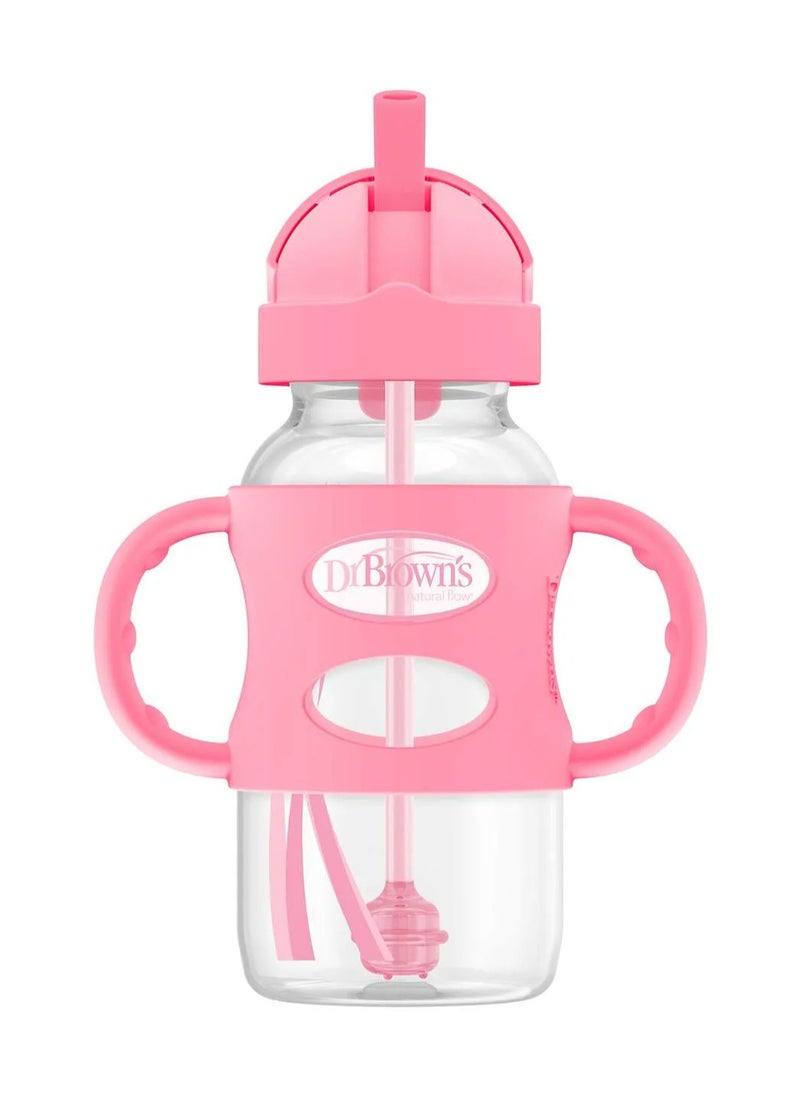 Dr. Brown's Sippy Straw Bottle with Handles, Spill-Proof Silicone Straw, Pink, 270mL for Babies 6m+