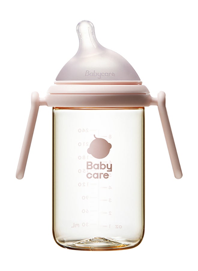 Babycare - Nopayon Pro Anti-Colic Feeding Bottle with Handles – Pink – 240ml for Babies 6–8 Months – BPA-Free, BPI Certified, Easy-Grip Design, Wide Neck, Soft Silicone Nipple, Spill-Proof, Ergonomic Bottle, Heat-Resistant, Baby Milk Bottle, Infant Training Bottle, Safe Material, Pediatrician Recommended