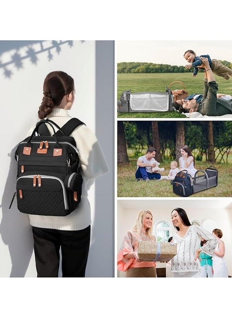 Multifunctional Diaper Bag Backpack with Foldable Baby Bed Black