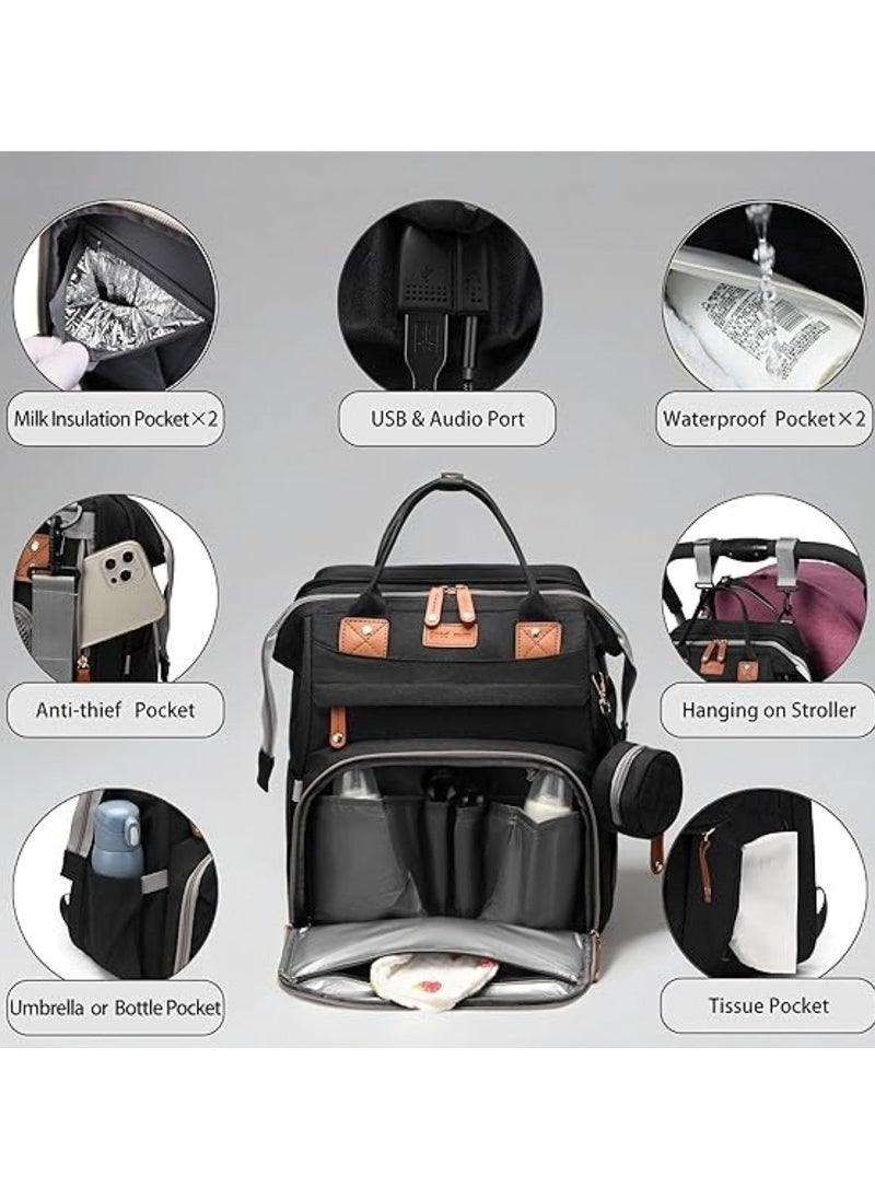 Multifunctional Diaper Bag Backpack with Foldable Baby Bed Black