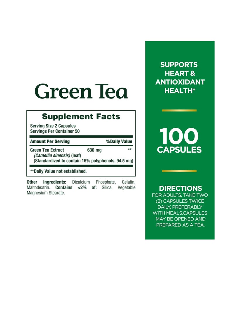 Green Tea Pills and Herbal Health Supplement, Supports Heart and Antioxidant Health, 315mg, 100 Capsules