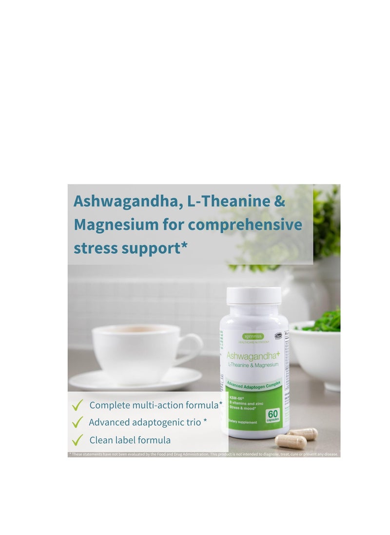 Advanced Ashwagandha KSM-66, L-Theanine & Magnesium, Clean Label, Multi Action Adaptogen Complex for Stress Support with Zinc & B Vitamins, 60 Vegan Capsules
