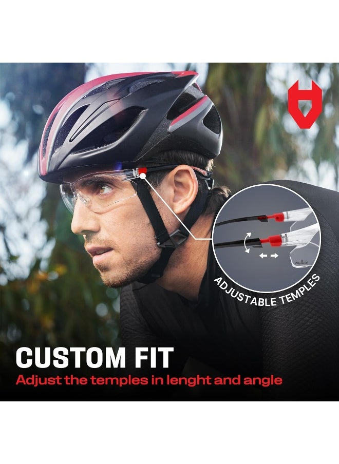 NoCry Safety Glasses with Clear Anti Fog Scratch Resistant Wrap-Around Lenses and No-Slip Grips, UV Protection. Adjustable, Black & Red Frames (10 pack)