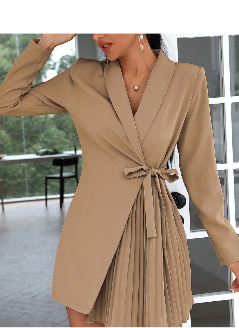 Solid Color Lace Up Pleated Suit Style Jacket Dress
