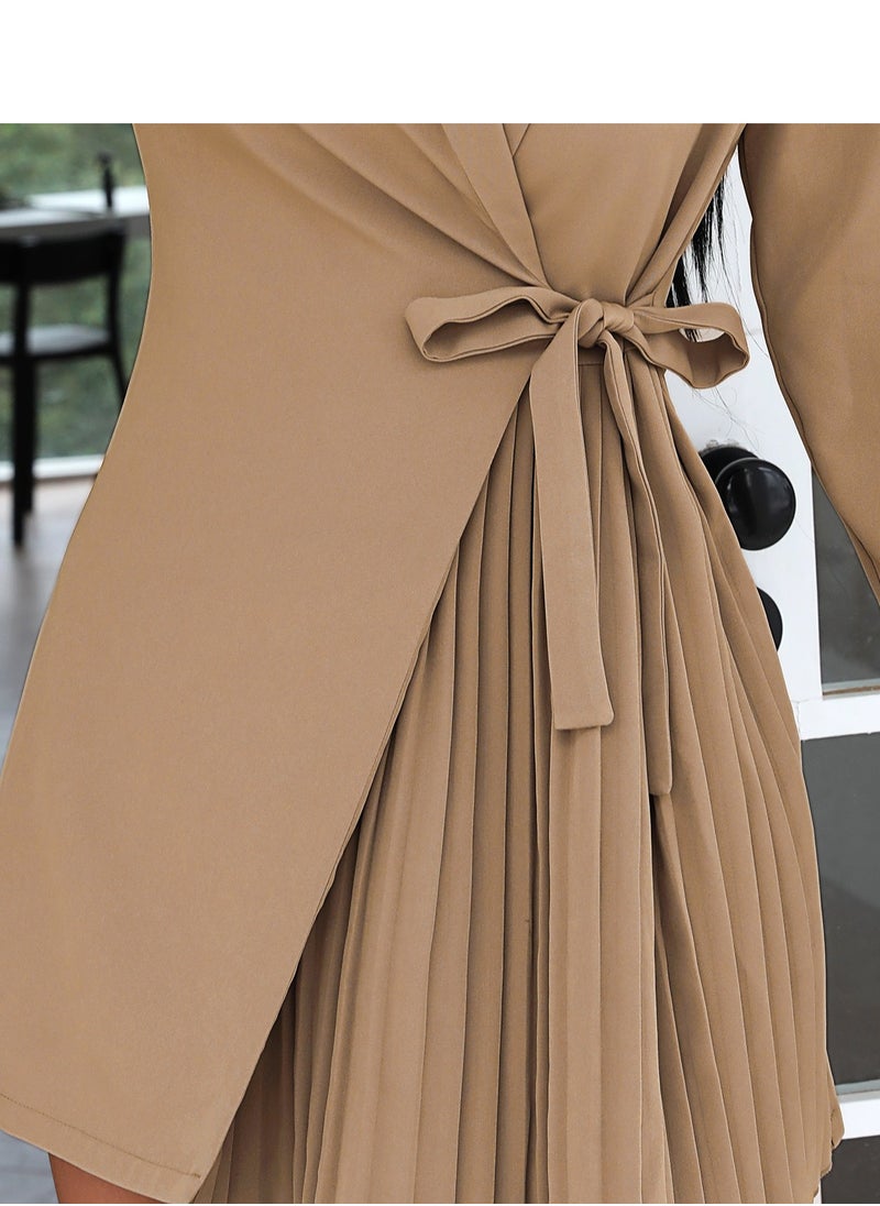 Solid Color Lace Up Pleated Suit Style Jacket Dress