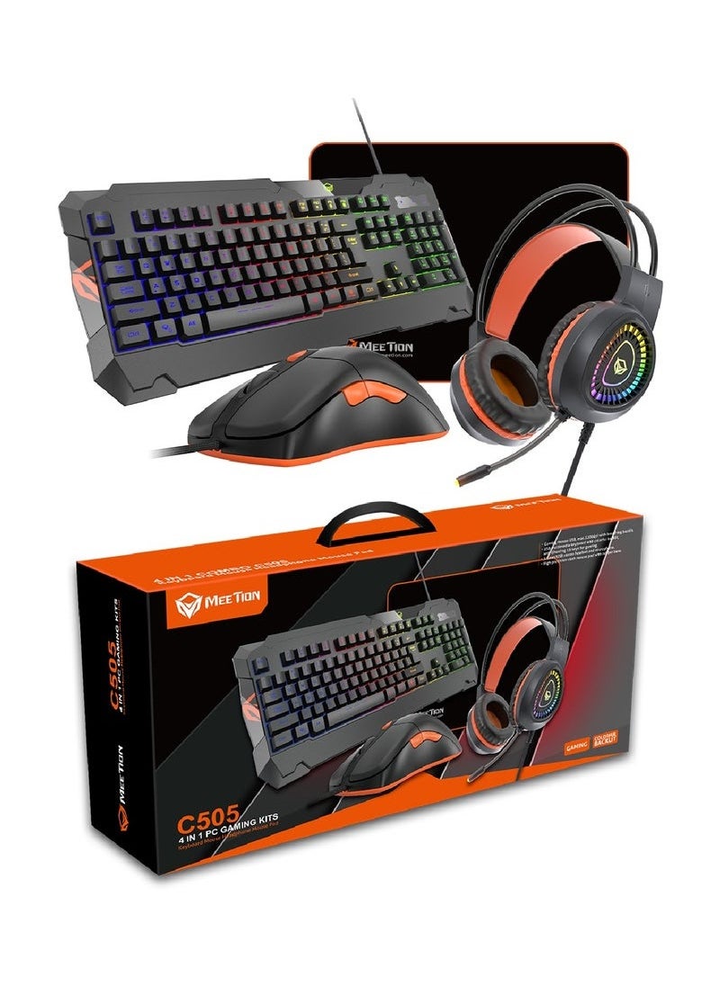 MT-C505 4 in 1 Gaming Combo Kit Anti Ghost RGB Gaming Keyboard 5+1 Buttons 3200DPI Gaming Mouse, Backlit Gaming Headphone With Omni Directional Microphone, High Precision Gaming Mouse Pad