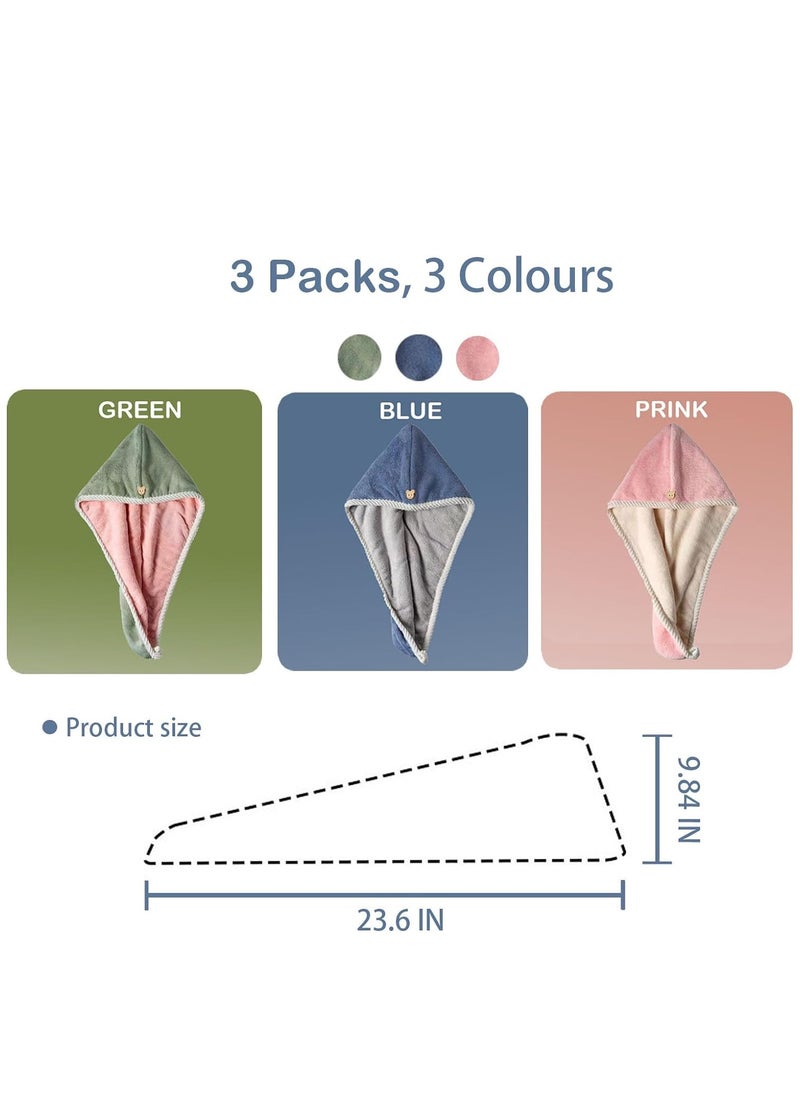 Microfiber Hair Towel Wrap, 3 Pcs Turban with Button, Head Towel for Curly Wet Drying Hair for Women, Quick Dry Bath and Shower Towel, Pink, Green, Blue