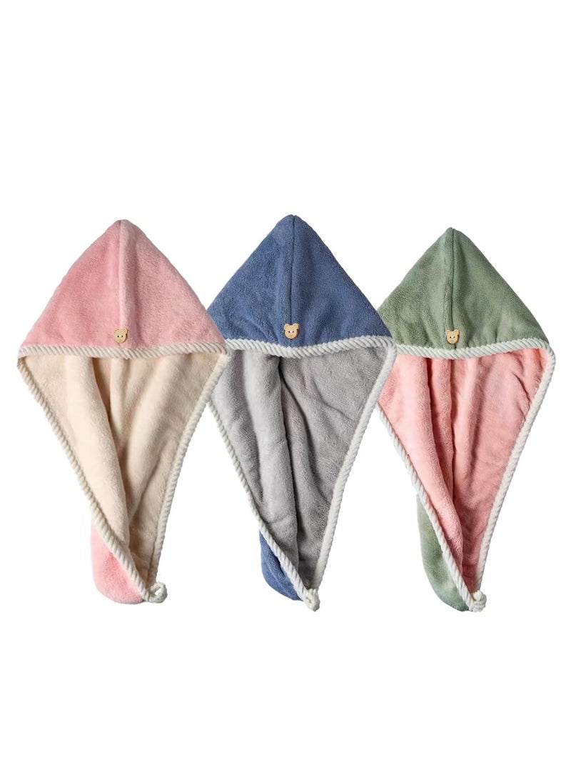 Microfiber Hair Towel Wrap, 3 Pcs Turban with Button, Head Towel for Curly Wet Drying Hair for Women, Quick Dry Bath and Shower Towel, Pink, Green, Blue