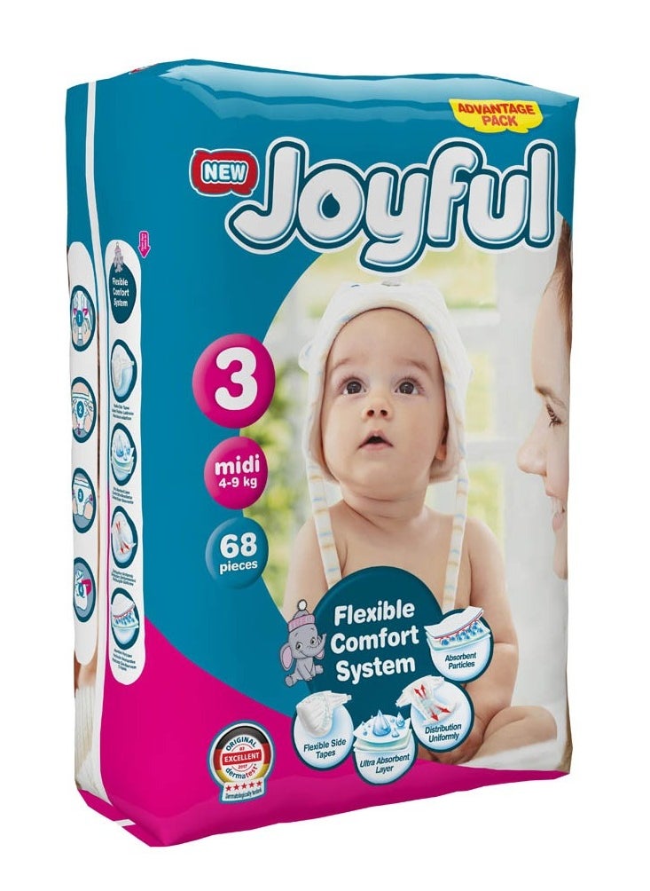 Joyful - Baby Diapers - Size 3, Midi, 4-9 kg - Pack of 68