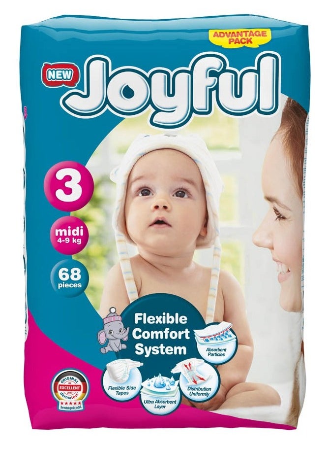 Joyful - Baby Diapers - Size 3, Midi, 4-9 kg - Pack of 68
