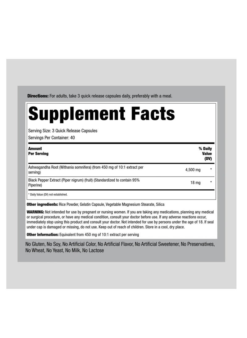 Ashwagandha Supplement 4500mg 120 Capsules for Women and Men Herb Root Extract with Black Pepper Non-GMO, Gluten Free