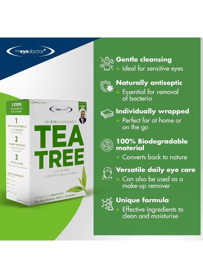 Tea Tree Eyelid Wipes - Suitable For Use With Blepharitis, Dry Eyes, Sensitive Eyes & Mgd - 80 X Biodegradable Tea Tree Eyelid Cleaning Wipes - Detergent And Preservative Free