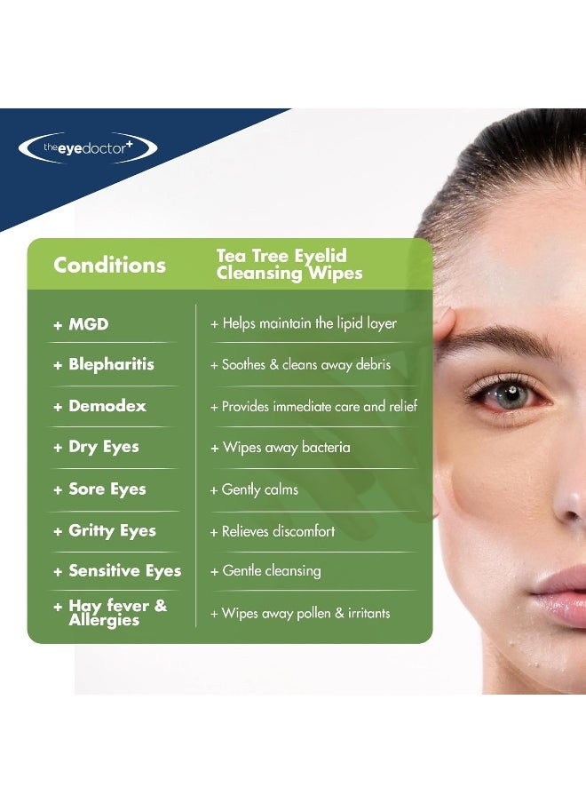 Tea Tree Eyelid Wipes - Suitable For Use With Blepharitis, Dry Eyes, Sensitive Eyes & Mgd - 80 X Biodegradable Tea Tree Eyelid Cleaning Wipes - Detergent And Preservative Free