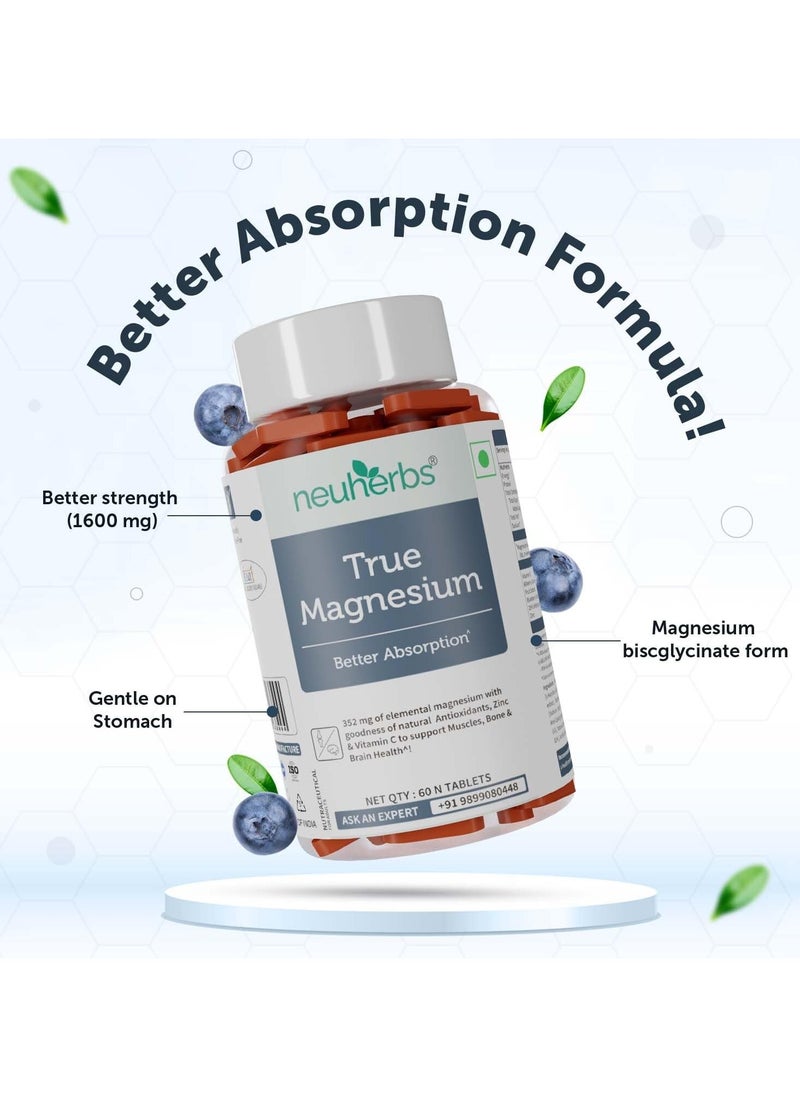 rue Magnesium Glycinate Supplement 1600Mg- 60 Tablets | Chelated Magnesium Supplement for Men & Women With Natural Antioxidants, Zinc & Vitamin C to Support Muscles Recovery, Joint health
