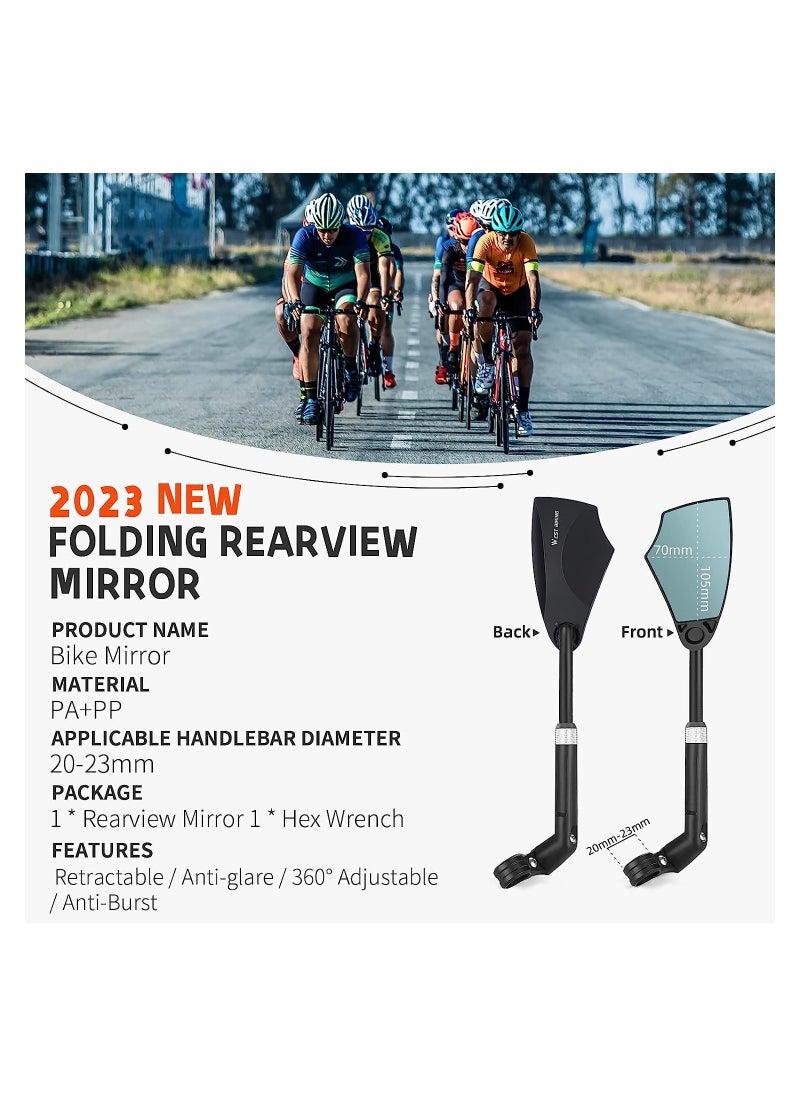 Bike Mirror, Anti-Glare Handlebar Bicycle Rear View Mirror, Retractable and 360° Rotation Adjustable, HD View Stable Image, for 20-23mm Handlebar (Left)