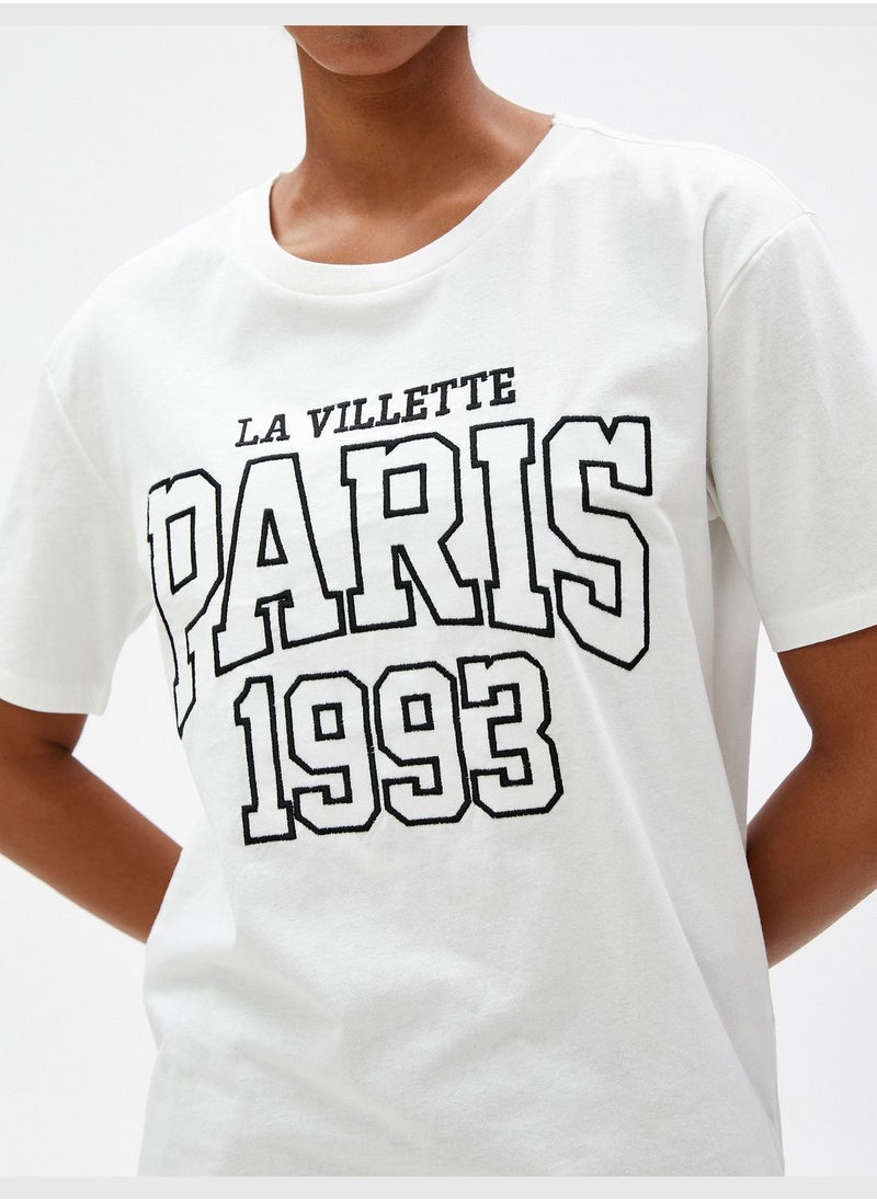 Cotton Slogan Embroidered Short Sleeve Crew Neck T-Shirt