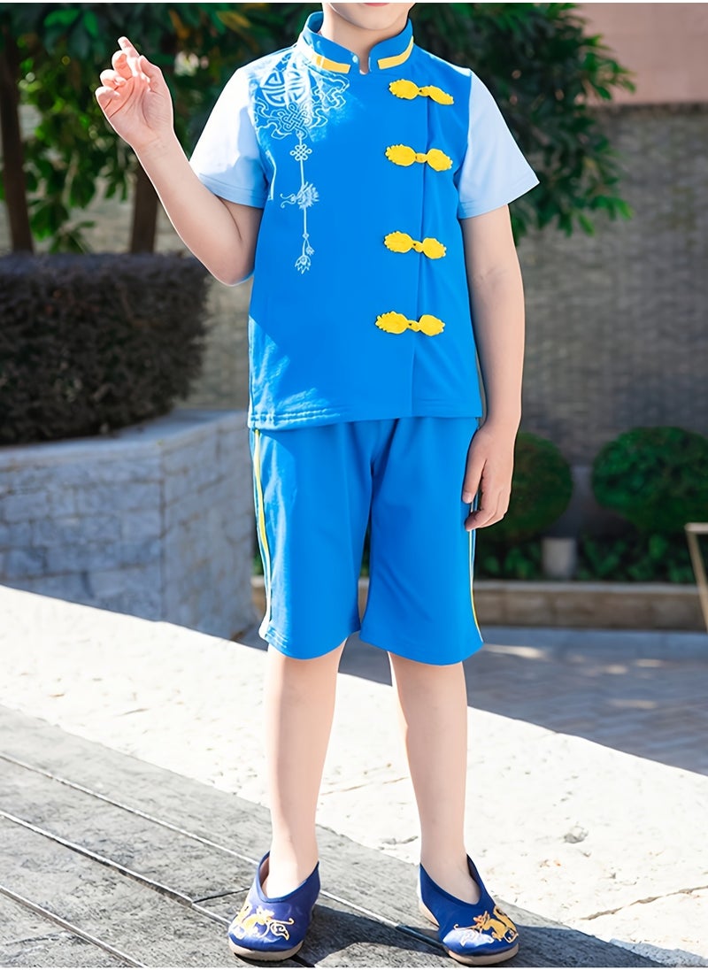 Boys Two Piece Traditional Hanfu Outfit with Geometric Pattern Cotton Blend Casual Stand Collar Short Sleeve Top with Pockets and Shorts Button Front Regular Fit Knit Fabric for Spring Summer Fall Outdoor Wear