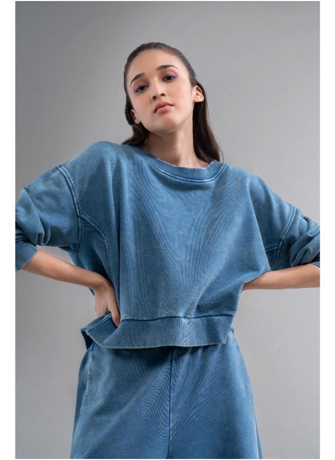 Denim Wash 100% Cotton Terry Ruched Sweatshirt