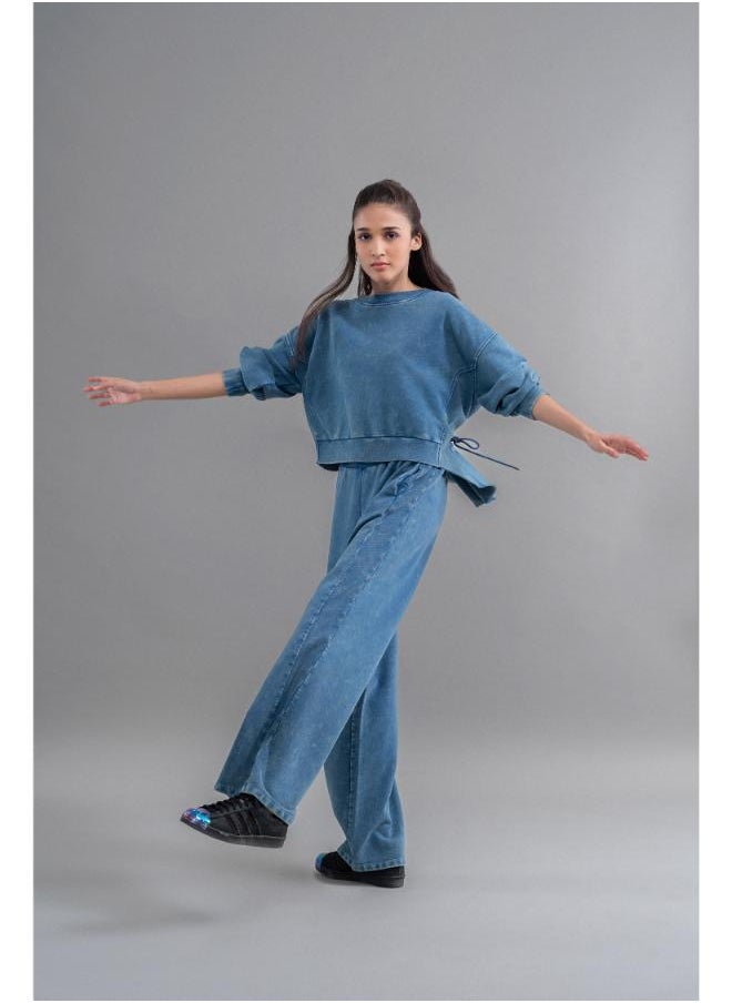 Denim Wash 100% Cotton Terry Ruched Sweatshirt