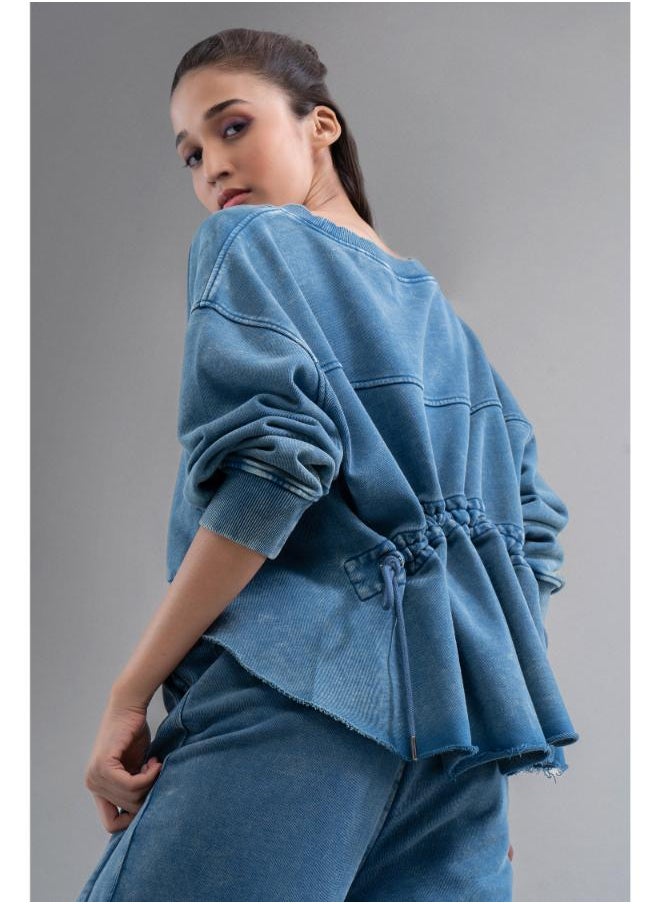 Denim Wash 100% Cotton Terry Ruched Sweatshirt