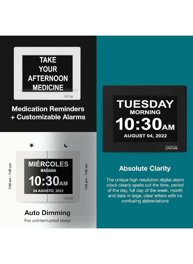 American Lifetime New 2025 Dementia Clock Large Digital Clock for Seniors, Alzheimer Clock Large Display with Custom Alarms, Clock with Day & Date for Elderly, Big Number Digital Calendar Black