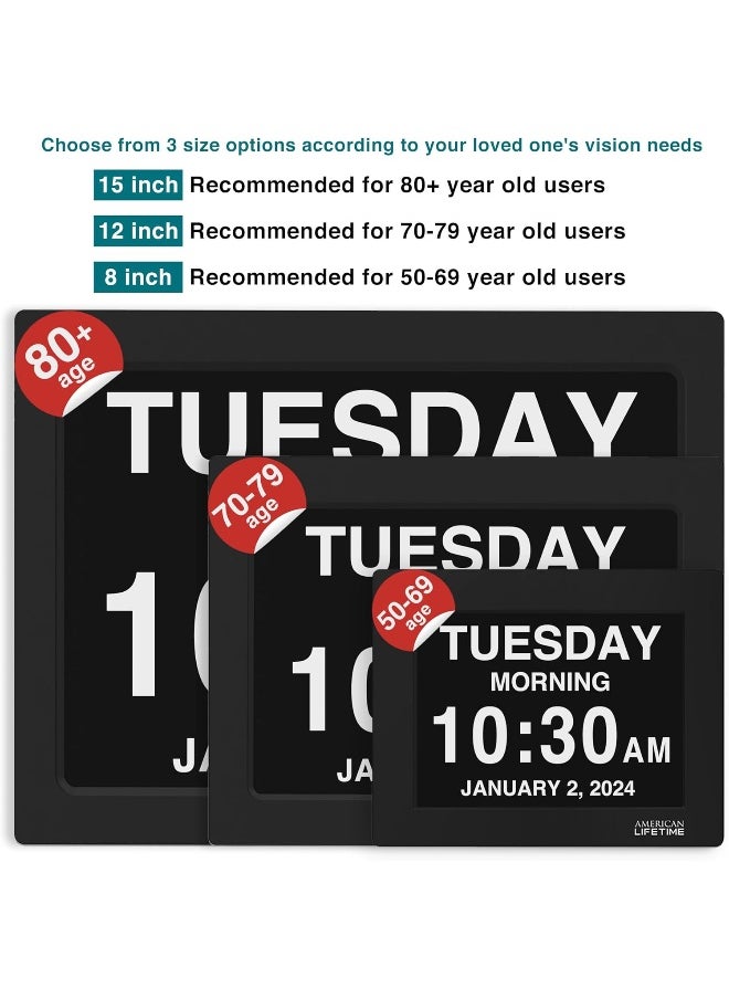 American Lifetime New 2025 Dementia Clock Large Digital Clock for Seniors, Alzheimer Clock Large Display with Custom Alarms, Clock with Day & Date for Elderly, Big Number Digital Calendar Black