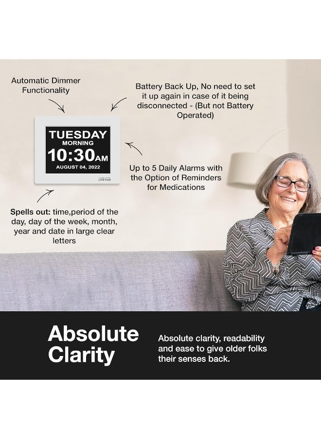 American Lifetime New 2025 Dementia Clock Large Digital Clock for Seniors, Alzheimer Clock Large Display with Custom Alarms, Clock with Day & Date for Elderly, Big Number Digital Calendar Black