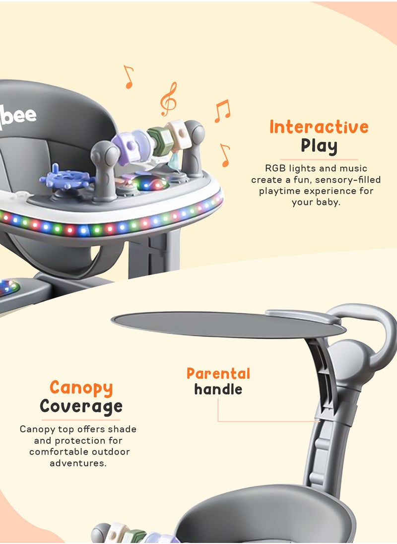 2 in 1 Baby Walker for Kids, Baby Push Walker with Adjustable Height, Footmat, Canopy, Foldable Kids Walker with Tray, Musical Toy & Light Toddler Walker for Baby 6-18 Months Boy Girl Grey