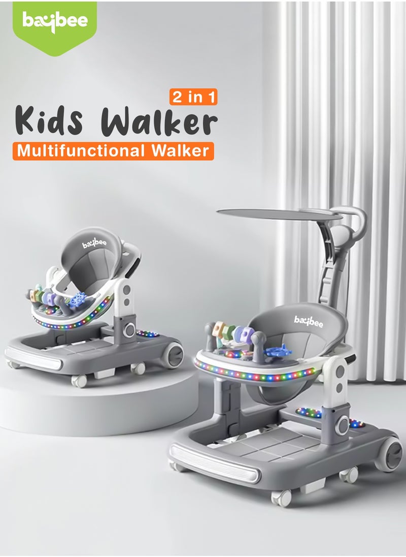 2 in 1 Baby Walker for Kids, Baby Push Walker with Adjustable Height, Footmat, Canopy, Foldable Kids Walker with Tray, Musical Toy & Light Toddler Walker for Baby 6-18 Months Boy Girl Grey