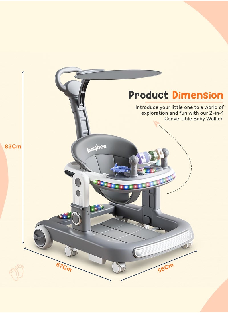 2 in 1 Baby Walker for Kids, Baby Push Walker with Adjustable Height, Footmat, Canopy, Foldable Kids Walker with Tray, Musical Toy & Light Toddler Walker for Baby 6-18 Months Boy Girl Grey