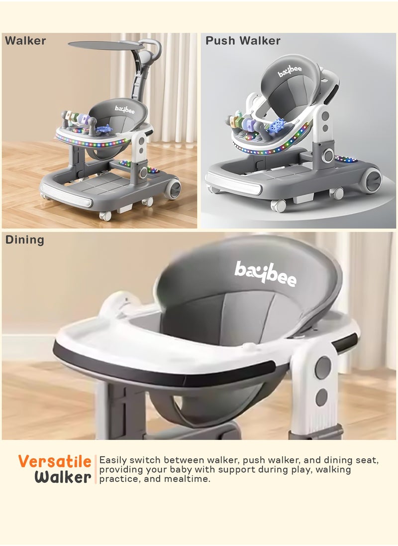 2 in 1 Baby Walker for Kids, Baby Push Walker with Adjustable Height, Footmat, Canopy, Foldable Kids Walker with Tray, Musical Toy & Light Toddler Walker for Baby 6-18 Months Boy Girl Grey