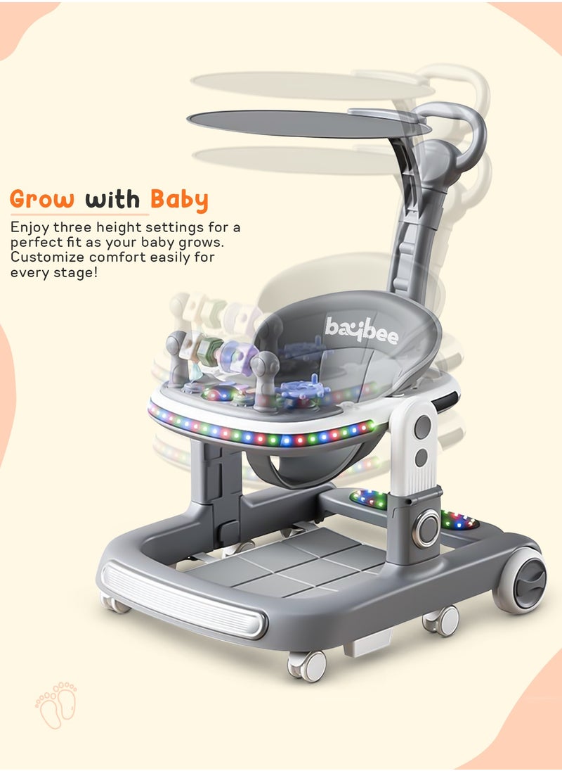 2 in 1 Baby Walker for Kids, Baby Push Walker with Adjustable Height, Footmat, Canopy, Foldable Kids Walker with Tray, Musical Toy & Light Toddler Walker for Baby 6-18 Months Boy Girl Grey