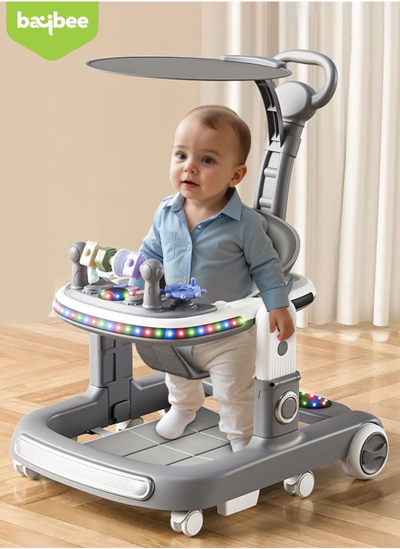 2 in 1 Baby Walker for Kids, Baby Push Walker with Adjustable Height, Footmat, Canopy, Foldable Kids Walker with Tray, Musical Toy & Light Toddler Walker for Baby 6-18 Months Boy Girl Grey