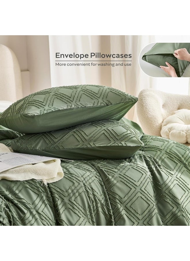 JELLYMONI Green Duvet Cover Set Queen Size - Microfiber Tufted, Boho Textured, Jacquard Rhombus Geometric Pattern Duvet Cover with Corner Ties & Zipper Closure