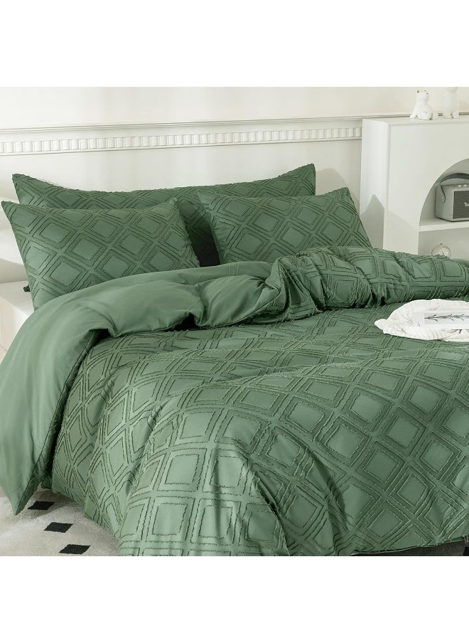 JELLYMONI Green Duvet Cover Set Queen Size - Microfiber Tufted, Boho Textured, Jacquard Rhombus Geometric Pattern Duvet Cover with Corner Ties & Zipper Closure