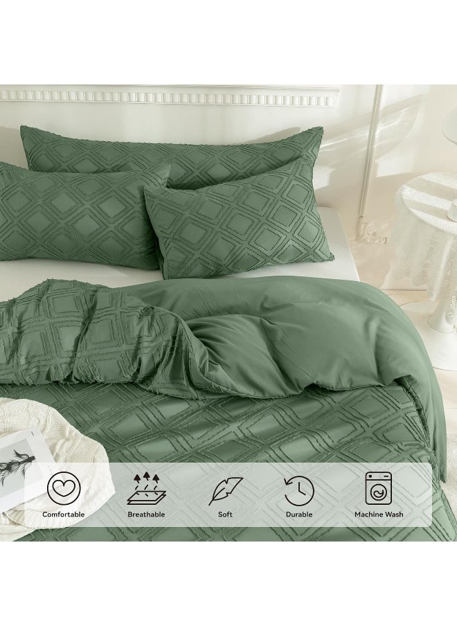 JELLYMONI Green Duvet Cover Set Queen Size - Microfiber Tufted, Boho Textured, Jacquard Rhombus Geometric Pattern Duvet Cover with Corner Ties & Zipper Closure