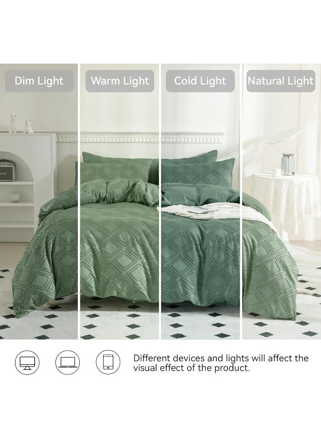 JELLYMONI Green Duvet Cover Set Queen Size - Microfiber Tufted, Boho Textured, Jacquard Rhombus Geometric Pattern Duvet Cover with Corner Ties & Zipper Closure