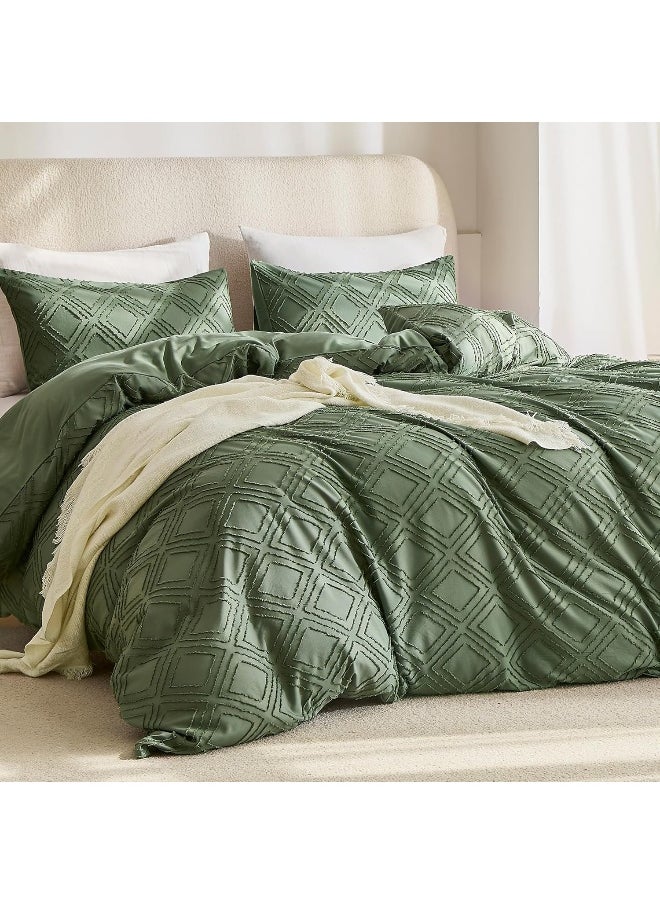 JELLYMONI Green Duvet Cover Set Queen Size - Microfiber Tufted, Boho Textured, Jacquard Rhombus Geometric Pattern Duvet Cover with Corner Ties & Zipper Closure