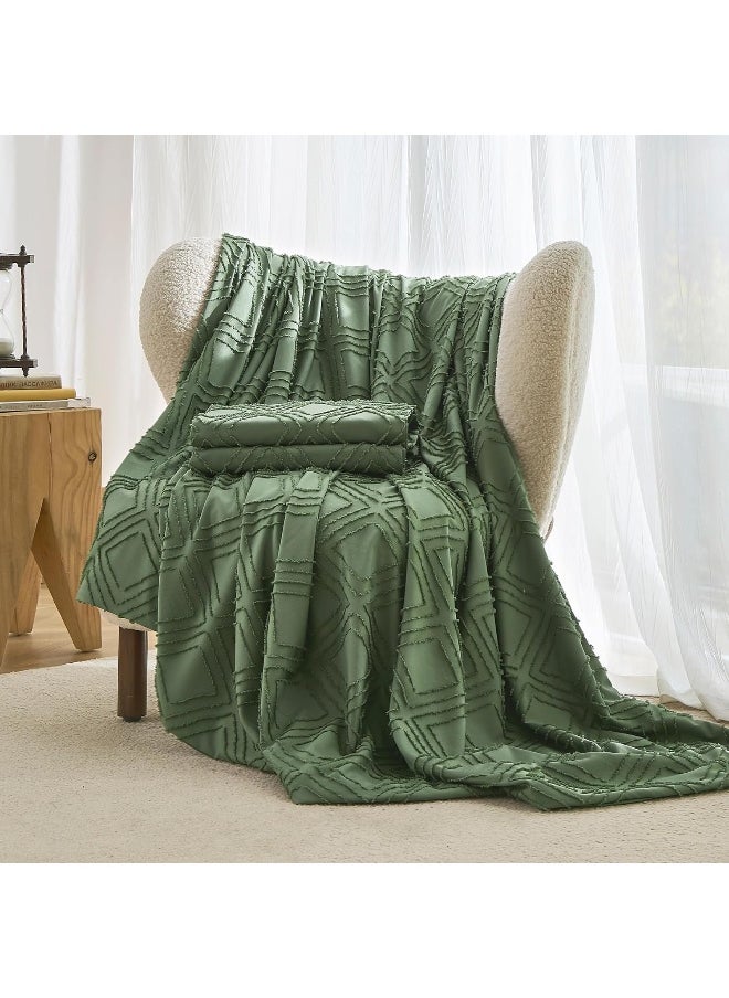 JELLYMONI Green Duvet Cover Set Queen Size - Microfiber Tufted, Boho Textured, Jacquard Rhombus Geometric Pattern Duvet Cover with Corner Ties & Zipper Closure