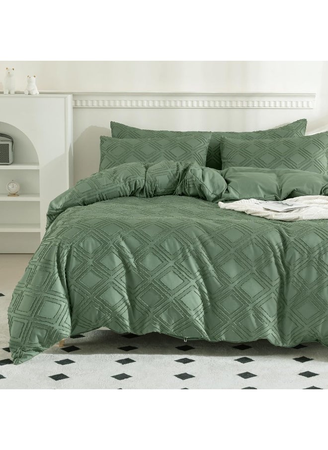 JELLYMONI Green Duvet Cover Set Queen Size - Microfiber Tufted, Boho Textured, Jacquard Rhombus Geometric Pattern Duvet Cover with Corner Ties & Zipper Closure
