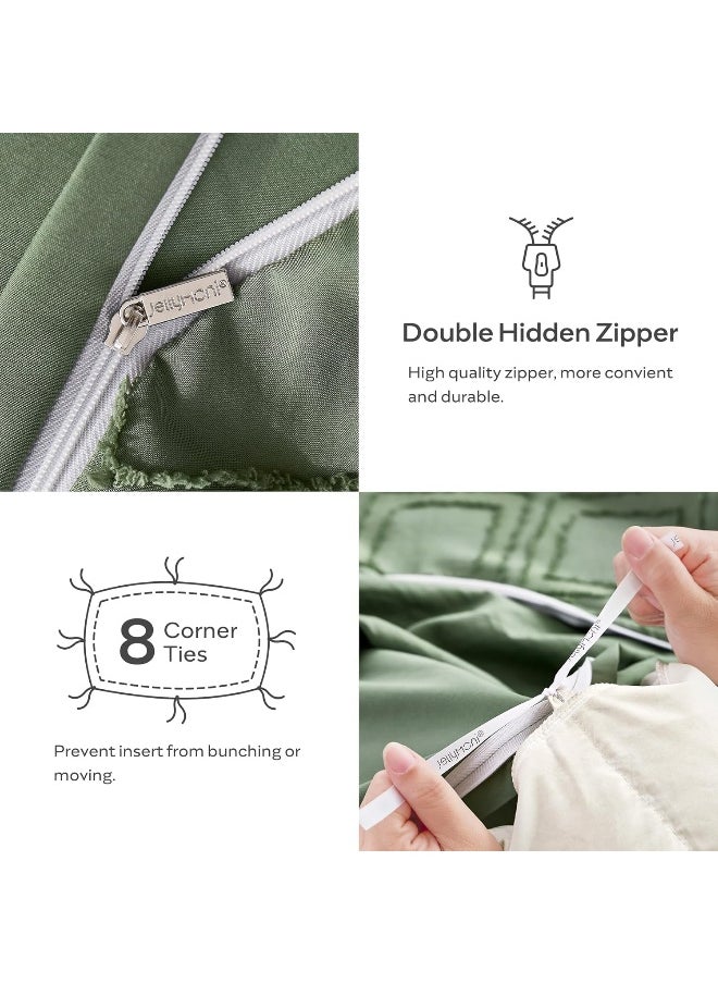 JELLYMONI Green Duvet Cover Set Queen Size - Microfiber Tufted, Boho Textured, Jacquard Rhombus Geometric Pattern Duvet Cover with Corner Ties & Zipper Closure