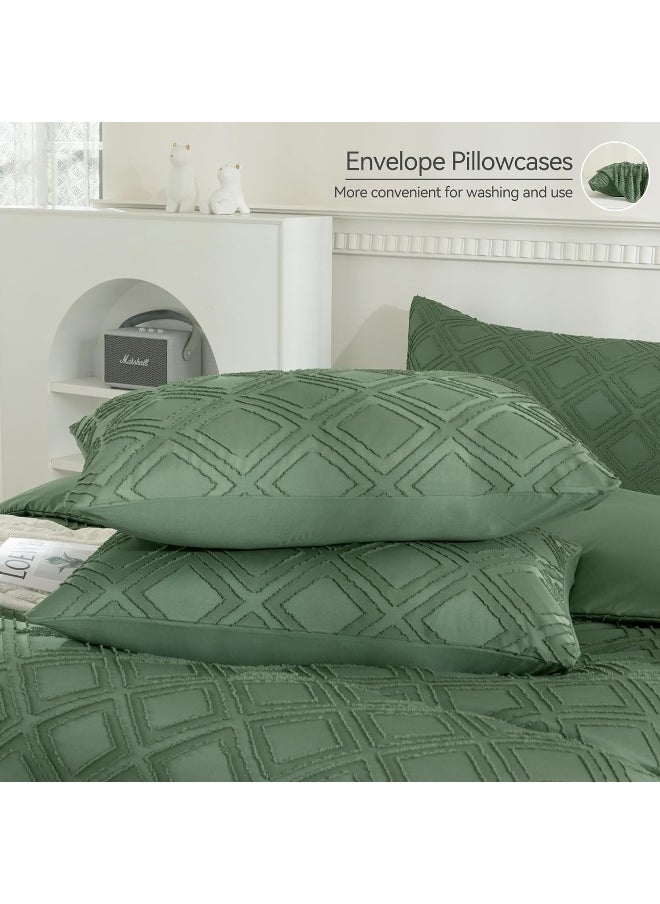 JELLYMONI Green Duvet Cover Set Queen Size - Microfiber Tufted, Boho Textured, Jacquard Rhombus Geometric Pattern Duvet Cover with Corner Ties & Zipper Closure
