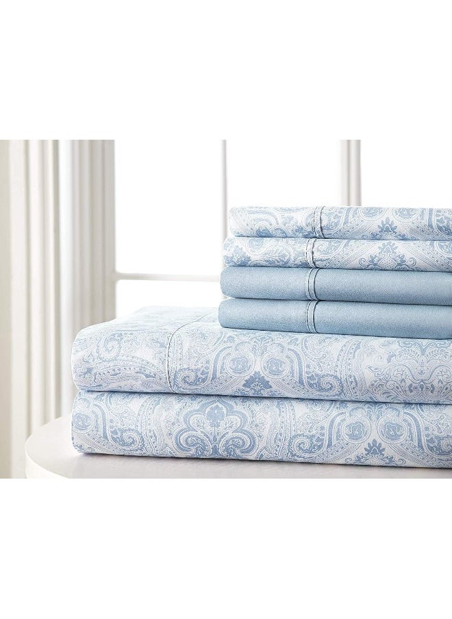 Spirit Linen home Twin Size Bed Sheets Set - 6PC Paisley Ultra Soft Microfiber Bed Sheets - Easy to Clean, Twin Size Sheets with Fitted Sheet, Flat Sheet & Pillowcases (Blue)