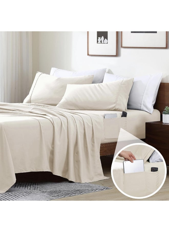 Swift Home Smart Sheets, Ultra Soft Brushed Microfiber 4-Piece Sheet Set, Fitted Bed Sheet with Side Storage Pockets – Coconut Milk, King