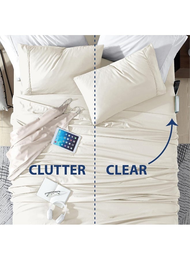 Swift Home Smart Sheets, Ultra Soft Brushed Microfiber 4-Piece Sheet Set, Fitted Bed Sheet with Side Storage Pockets – Coconut Milk, King